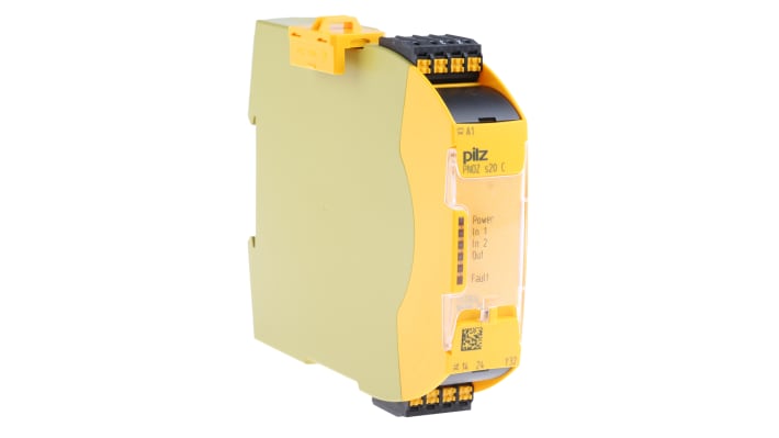 Pilz, relè di sicurezza a 2 canali PNOZ s20, 24V cc, monitoraggio automatico, dimensioni 22.5mm x 120mm x 98mm.