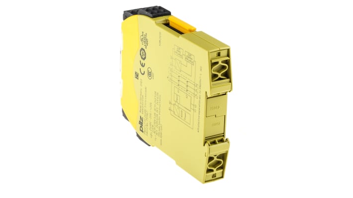 Relè di sicurezza Pilz 751167, 2 canali, 3 contatti, 24V cc, larghezza 17.5mm, profondità 120mm, lunghezza 98mm.