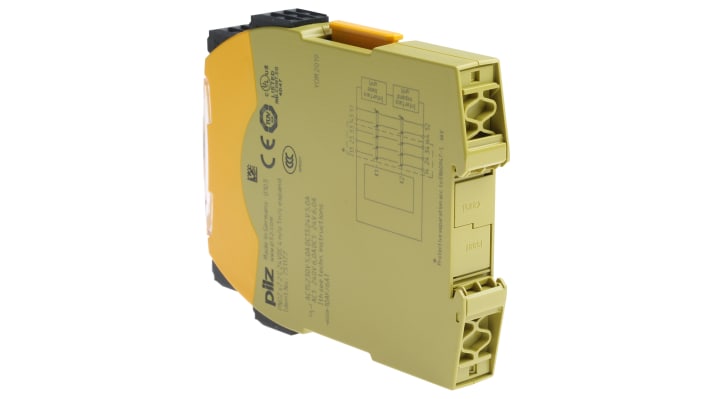 Relè di sicurezza Pilz 751177, 24V cc, 2 canali, 4 contatti, monitoraggio automatico, dimensioni 120mm x 17.5mm x 98mm.