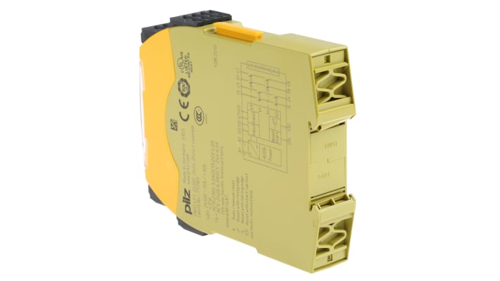 Relè di sicurezza Pilz 751185, 24V cc, 2 canali, 2 contatti, monitoraggio automatico, dimensioni 120x22.5x98 mm.