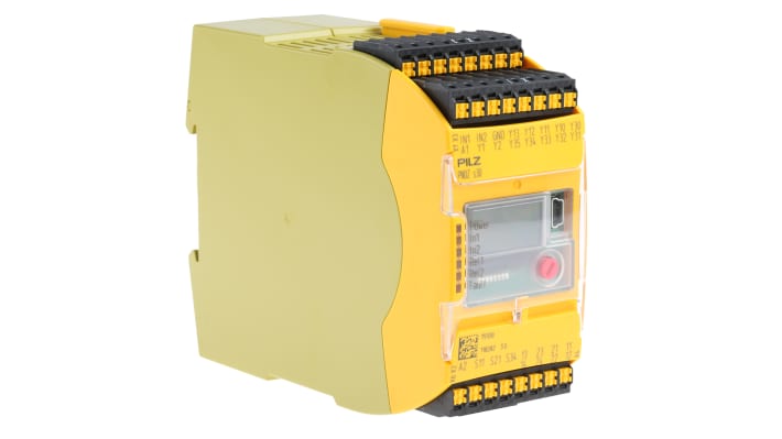 Relè di sicurezza Pilz 751330, 24-240V, 2 contatti di sicurezza, dimensioni 120x45x98mm, reset automatico e manuale.