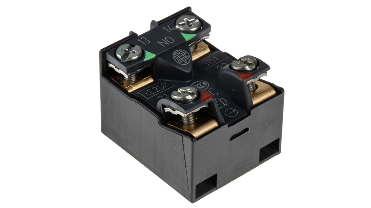 Blocco contatti finecorsa Telemecanique Sensors XE2N, 1 NC e 1 NA, attivazione a scatto, morsetto a vite. Codice XE2SP3151.