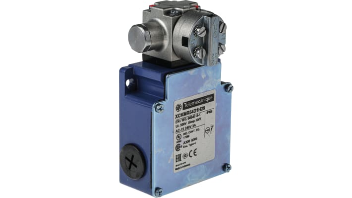 Interruttore di fine corsa Telemecanique Sensors XCKMR54D1H29 con leva, 2NC, IP66, dimensioni 200x59x118mm, corrente max 10A.