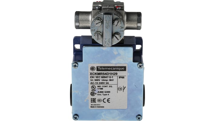Interruttore di fine corsa Telemecanique Sensors XCKMR54D1H29 con leva, 2NC, IP66, dimensioni 200x59x118mm, corrente max 10A.