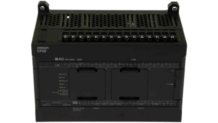 Omron CP2E-N40DR-A, CPU PLC compatto con 24 ingressi digitali, montaggio a pannello, dimensioni 150 x 80 x 110 mm.