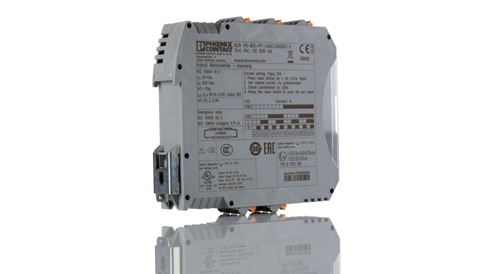 Starter motore 3 fasi Phoenix Contact 2903904, montaggio su guida DIN, 24 V c.c., 2,4 A, dimensioni 107,5 x 22,5 x 114 mm, grado di protezione IP20.
