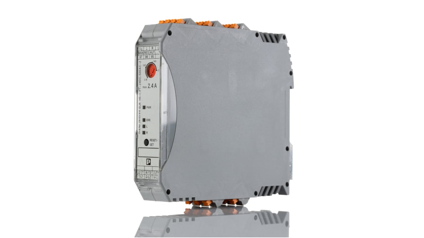 Starter motore Phoenix Contact 2903910, 3 fasi, 24 V c.c., montaggio su guida DIN, dimensioni 114 x 107,5 x 22,5 mm.