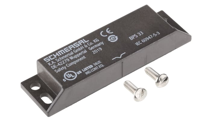 Attuatore magnetico Schmersal BPS 33, IP67, dimensioni 25 mm x 88 mm x 13 mm, tensione massima 120 V, montaggio sicuro con viti antimanomissione.
