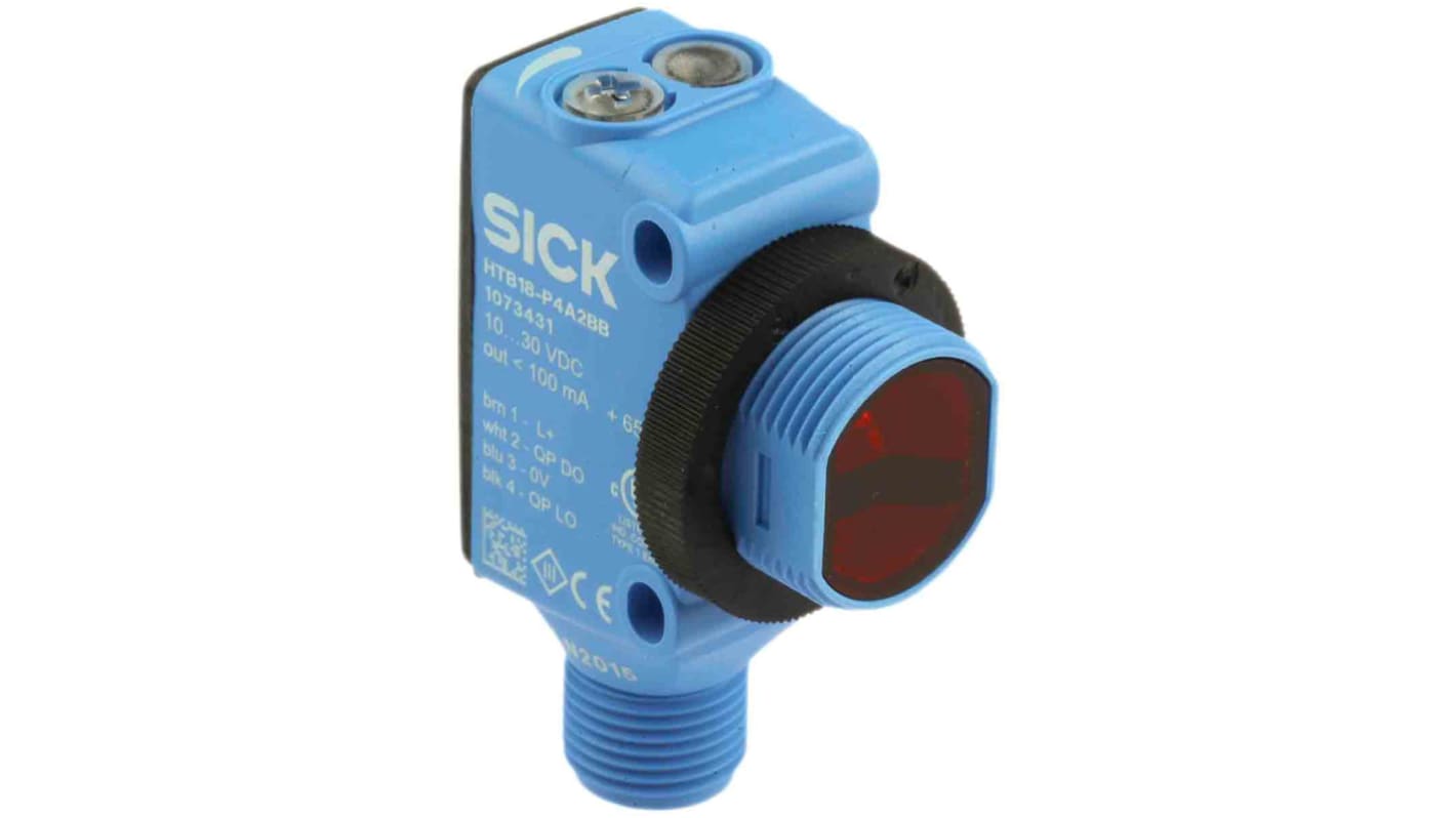 Sensore fotoelettrico Sick HTB18-P4A2BB con rilevamento fino a 300 mm, uscita PNP e connettore M12 a 4 pin.
