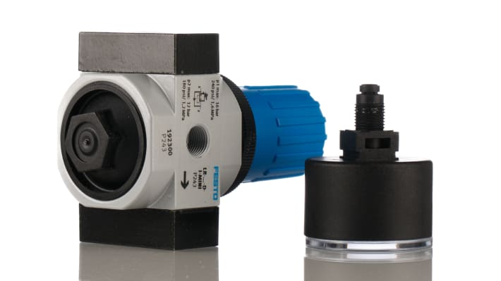 Regolatore pneumatico Festo LR-1/4-D-I-MINI, attacco G 1/4, pressione da 0,5 a 12 bar, dimensioni 64 x 76 x 95 mm.