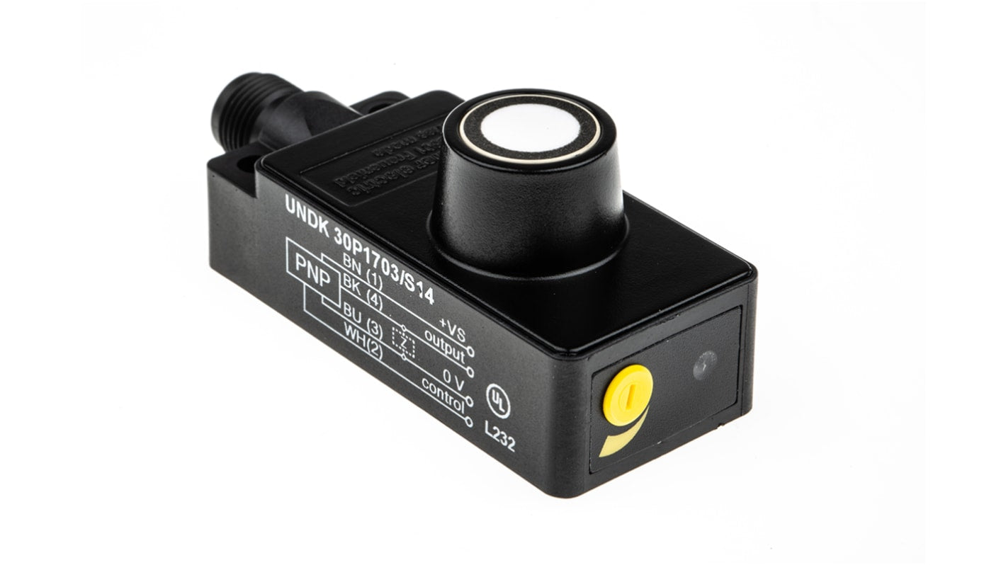 Sensore di prossimità Baumer UNDK 30P1703/S14, tecnologia a ultrasuoni, PNP, gamma 100-1000 mm, IP67, dimensioni 65x30x31 mm.