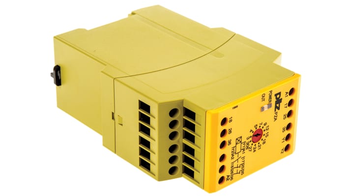 Relè di sicurezza Pilz 774030, 24V cc, 1 canale, 1 contatto di sicurezza, dimensioni 121x45x87 mm, montaggio su guida DIN.