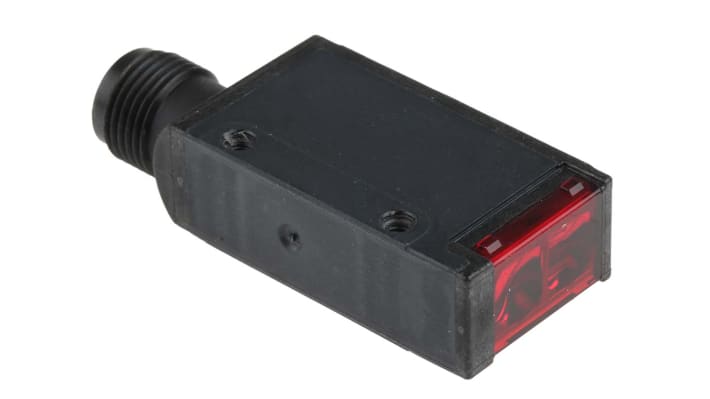 Omron E3SAD37, sensore fotoelettrico rettangolare a diffusione, rilevamento 700 mm, uscita PNP, con connettore M12, grado di protezione IP67.