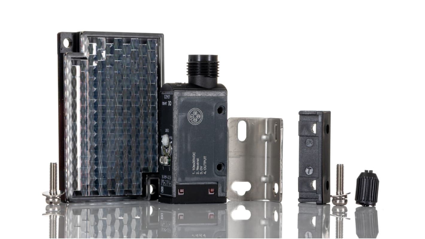 Sensore fotoelettrico rettangolare a retroriflessione Omron E3SAR16, rilevamento 100 mm-2 m, uscita NPN, IP67, connettore M12.