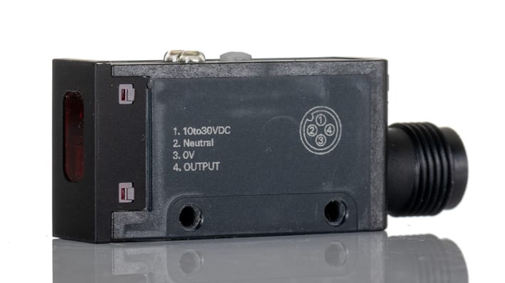 Sensore fotoelettrico rettangolare a retroriflessione Omron E3SAR16, rilevamento 100 mm-2 m, uscita NPN, IP67, connettore M12.