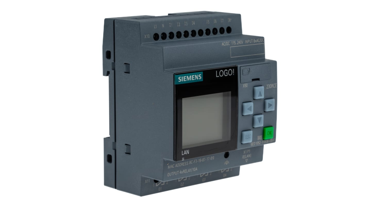CPU PLC Siemens 6ED1052-1FB08-0BA1 LOGO! con 8 ingressi digitali, 4 uscite relè, montaggio su guida DIN, dimensioni 90 x 71,5 x 60 mm.