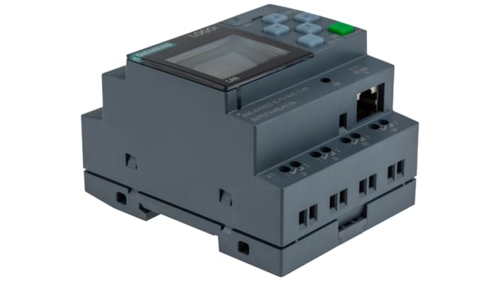 CPU PLC Siemens 6ED1052-1FB08-0BA1 LOGO! con 8 ingressi digitali, 4 uscite relè, montaggio su guida DIN, dimensioni 90 x 71,5 x 60 mm.