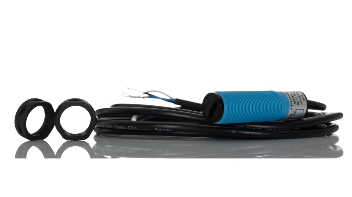Sensore fotoelettrico cilindrico Sick VTF18-4N1612, rilevamento 3-100 mm, uscita NPN, IP67, temperatura -25°C/+70°C.