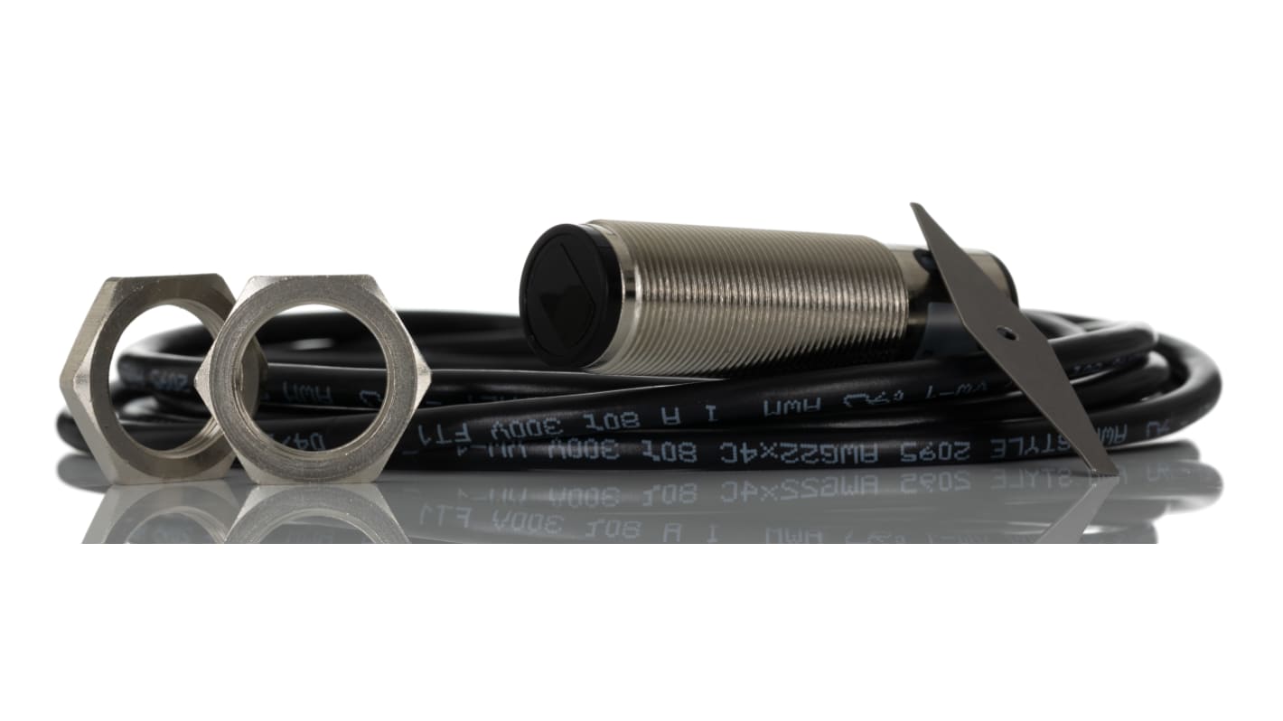 Sensore fotoelettrico cilindrico Sick VTF18-4P1212, rilevamento 3-100 mm, uscita PNP, IP67, temperatura -25°C/+70°C.