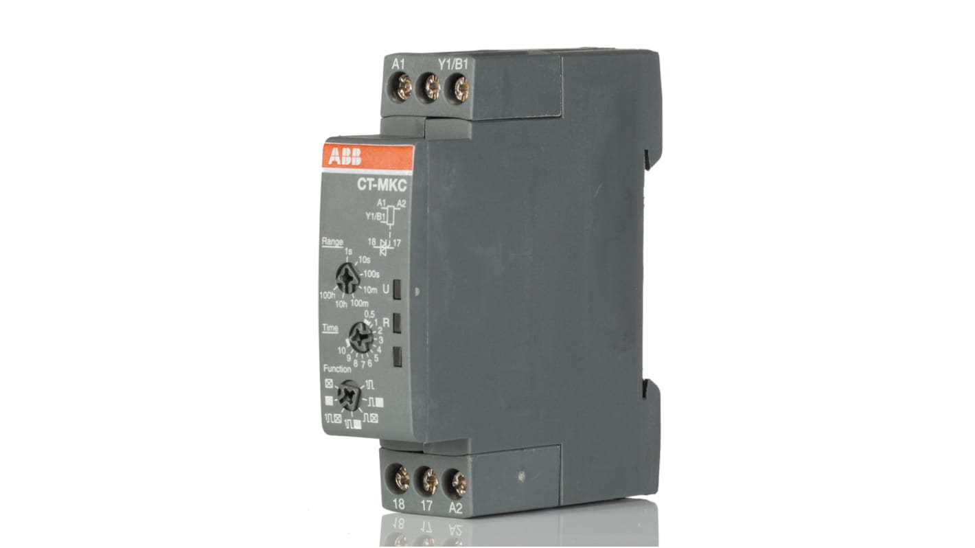 Relè timer ABB 1SVR508010R1300, montaggio su guida DIN, intervallo 0.1-10s, corrente 1 A, tensione 240 V CA. Dimensioni 22.5x78.5x78.5 mm.