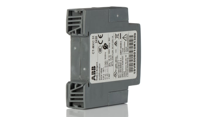 Relè timer ABB 1SVR508010R1300, montaggio su guida DIN, intervallo 0.1-10s, corrente 1 A, tensione 240 V CA. Dimensioni 22.5x78.5x78.5 mm.