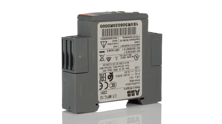 Relè temporizzato ABB CT-MFC.12 SPDT, montaggio su guida DIN, intervallo 0.05 s a 100 h, dimensioni 17.5 x 63 x 63 mm.