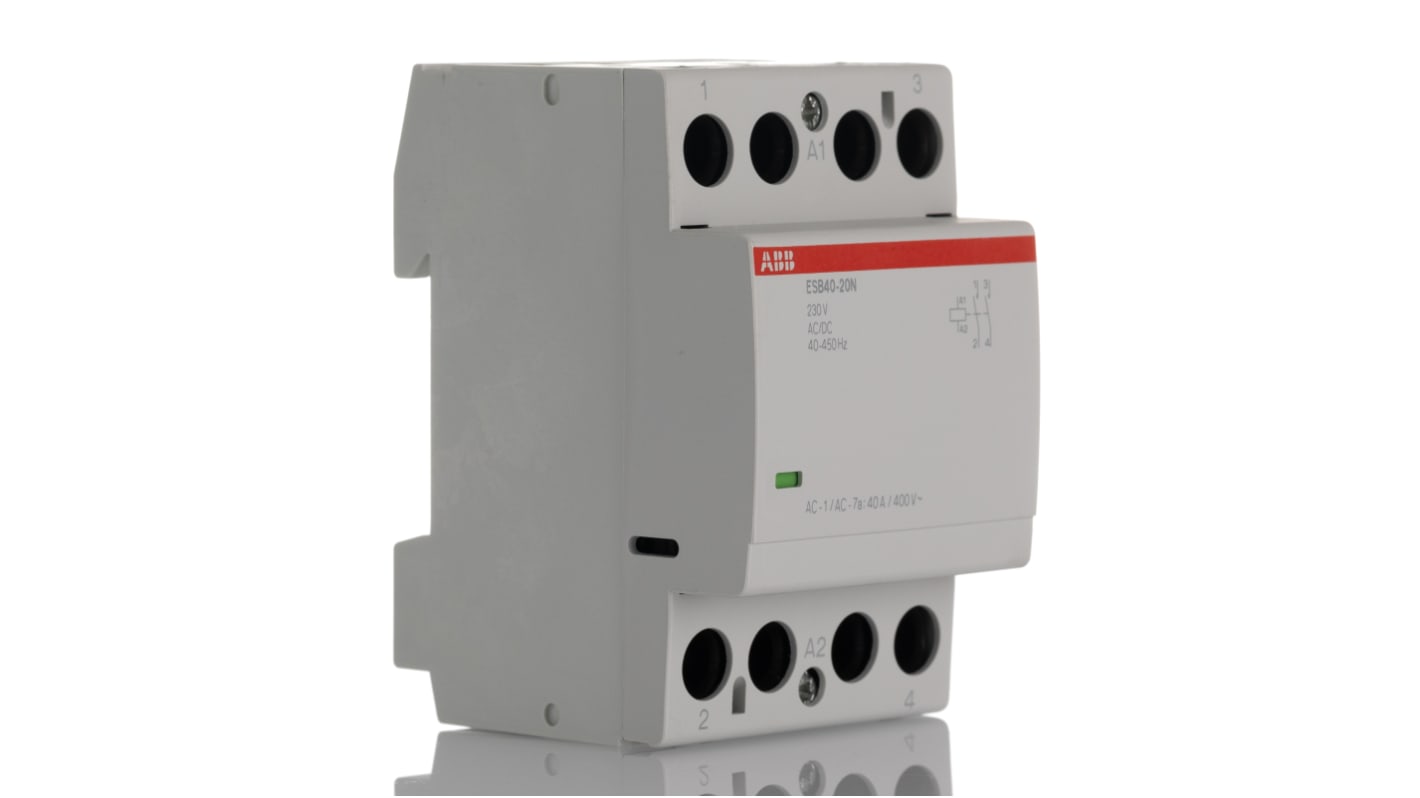 Contattore ABB 1SAE341111R0620, serie ESB, 2 poli, 40 A, 230 V c.a., dimensioni 54x65x85 mm, montaggio su guida DIN.