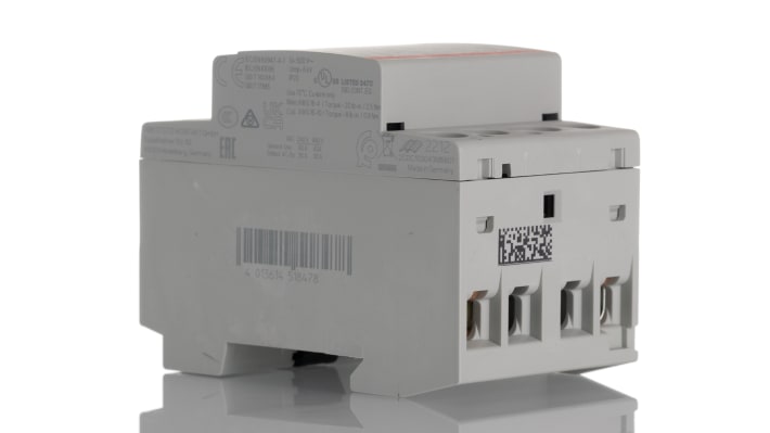 Contattore ABB 1SAE341111R0620, serie ESB, 2 poli, 40 A, 230 V c.a., dimensioni 54x65x85 mm, montaggio su guida DIN.