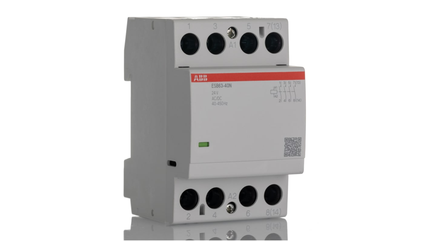 Contattore ABB 1SAE351111R0140, serie ESB, 2 poli, 63 A, 24 V, montaggio su guida DIN, dimensioni 54x65x85 mm.
