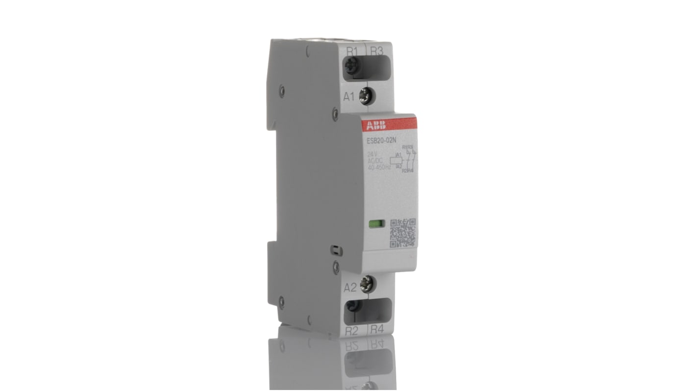 Contattore ABB 1SBE121111R0102, 2 poli, 20 A, 24 V, dimensioni 18x65x85 mm, per applicazioni modulari, protezione sovratensioni.
