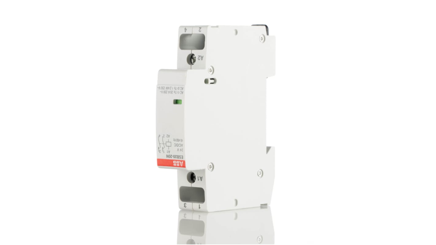 Contattore ABB 1SBE121111R0120, 2 poli, 2 NA, 20 A, 24 V, dimensioni 65 x 18 x 85 mm, grado di protezione IP20.