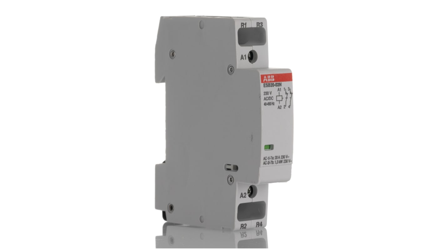 Contattore ABB 1SBE121111R0602, 2 poli, 20 A, tensione bobina 230 V c.a., dimensioni 65x18x85 mm, progettato per carichi singoli.