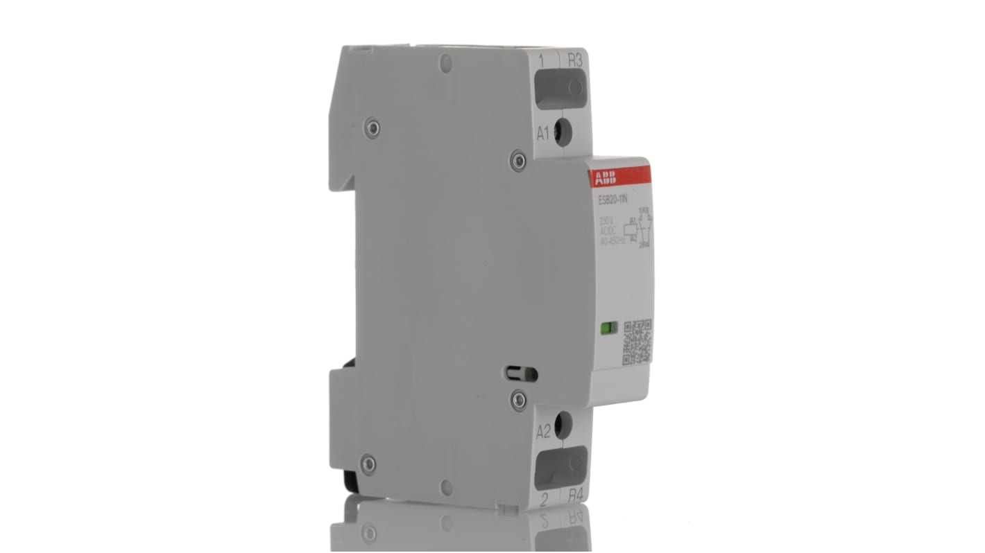 Contattore ABB 1SBE121111R0611, 2 poli, 20 A, 230 V c.a., montaggio su guida DIN, dimensioni 65x18x85 mm.