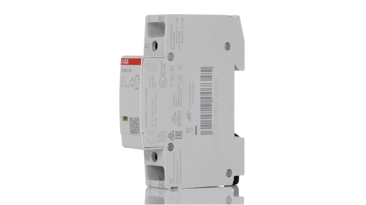 Contattore ABB 1SBE121111R0111, 2 poli, 20 A, 24 V, configurazione 1 NO + 1 NC, dimensioni 18x65x85 mm.