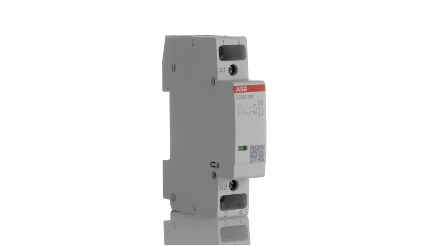 Contattore ABB 1SBE121111R1420, serie ESB, 2 poli, 20 A, bobina 12 V, dimensioni 18x65x85 mm, temperatura -25°C/+55°C.