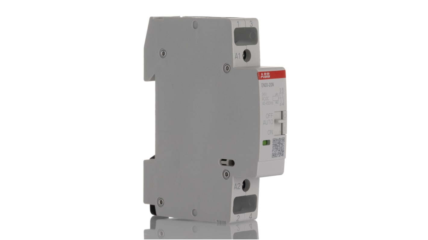 Contattore ABB 1SBE122111R0120, 2 poli, 2 contatti NA, 20 A, 24 V, dimensioni 88x20x71 mm, operatività -25°C/+55°C.