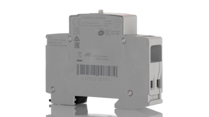 Contattore ABB 1SBE122111R0120, 2 poli, 2 contatti NA, 20 A, 24 V, dimensioni 88x20x71 mm, operatività -25°C/+55°C.