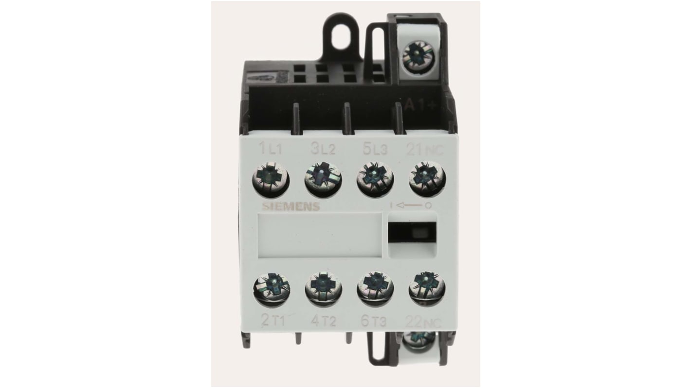 Contattore Siemens 3TG1001-0AL2, 4 poli, 20 A, bobina 230 V, montaggio su guida DIN, dimensioni 62 x 36 x 60 mm.