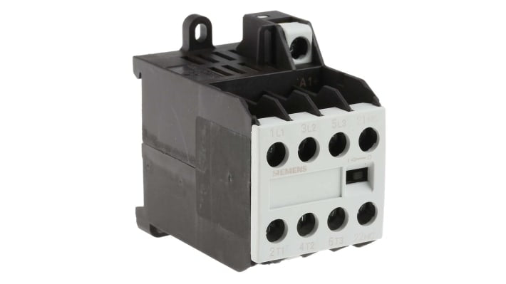 Contattore Siemens 3TG1001-0AL2, 4 poli, 20 A, bobina 230 V, montaggio su guida DIN, dimensioni 62 x 36 x 60 mm.