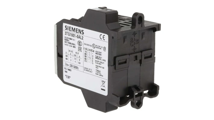 Contattore Siemens 3TG1001-0AL2, 4 poli, 20 A, bobina 230 V, montaggio su guida DIN, dimensioni 62 x 36 x 60 mm.