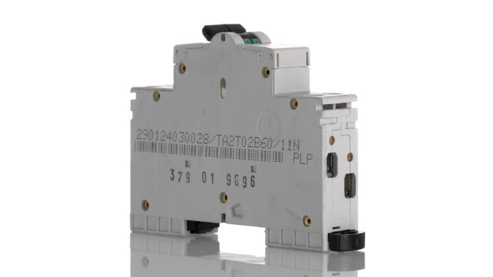 Interruttore magnetotermico ABB Tipo B, 2 poli, 2A, 6 kA, montaggio su guida DIN, dimensioni 18x70x70 mm, protezione cortocircuiti.