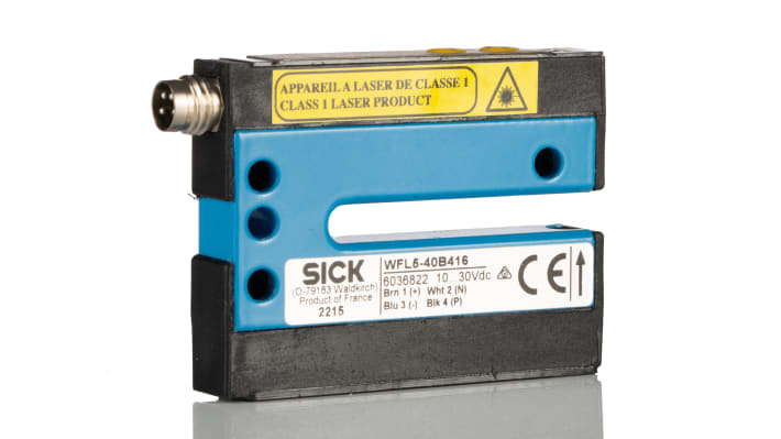Sensore fotoelettrico Sick WFL5-40B416, rilevamento luce/buio, uscita NPN/PNP, IP65, custodia metallica, connettore M8.