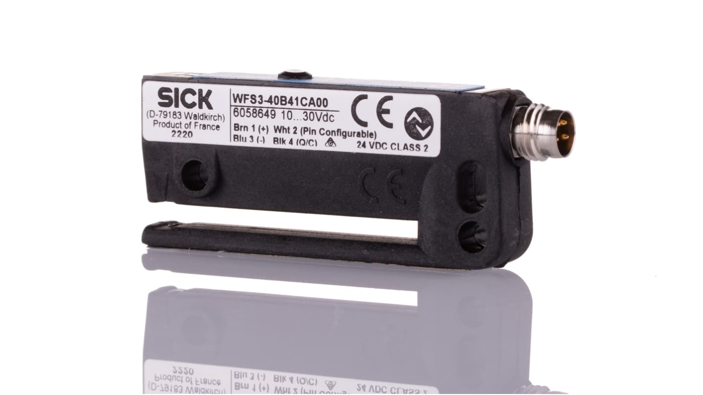 Sensore fotoelettrico Sick WFS3-40B41CA00, rilevamento 3 mm, uscita luce/buio, IP65, montaggio su erogatori di etichette.