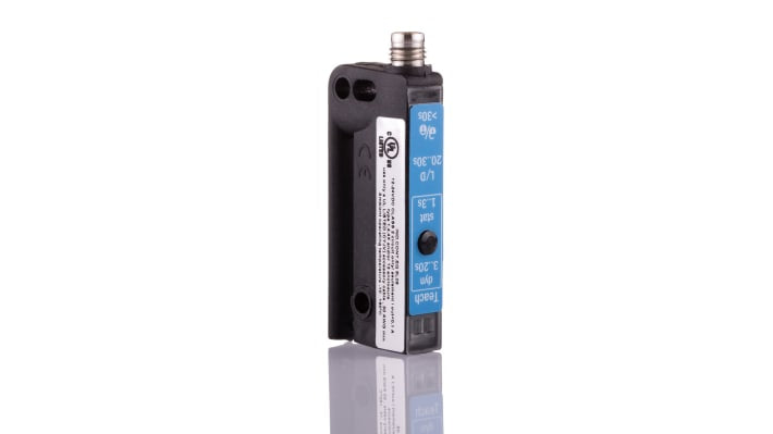 Sensore fotoelettrico Sick WFS3-40B41CA00, rilevamento 3 mm, uscita luce/buio, IP65, montaggio su erogatori di etichette.