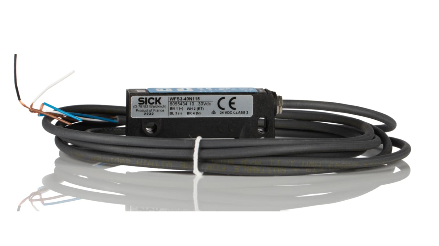 Sensore fotoelettrico NPN Sick WFS3-40N115, rilevamento 3 mm, IP65, montaggio flessibile su dispenser etichette.