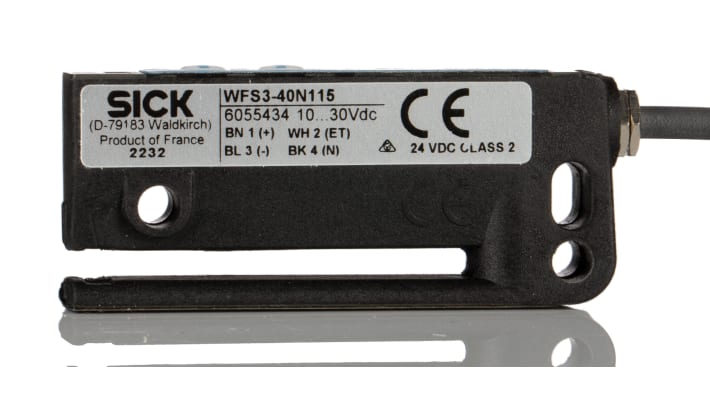 Sensore fotoelettrico NPN Sick WFS3-40N115, rilevamento 3 mm, IP65, montaggio flessibile su dispenser etichette.