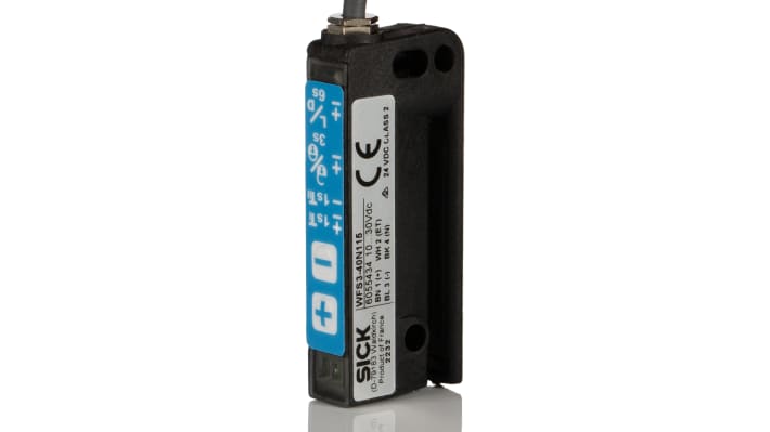 Sensore fotoelettrico NPN Sick WFS3-40N115, rilevamento 3 mm, IP65, montaggio flessibile su dispenser etichette.