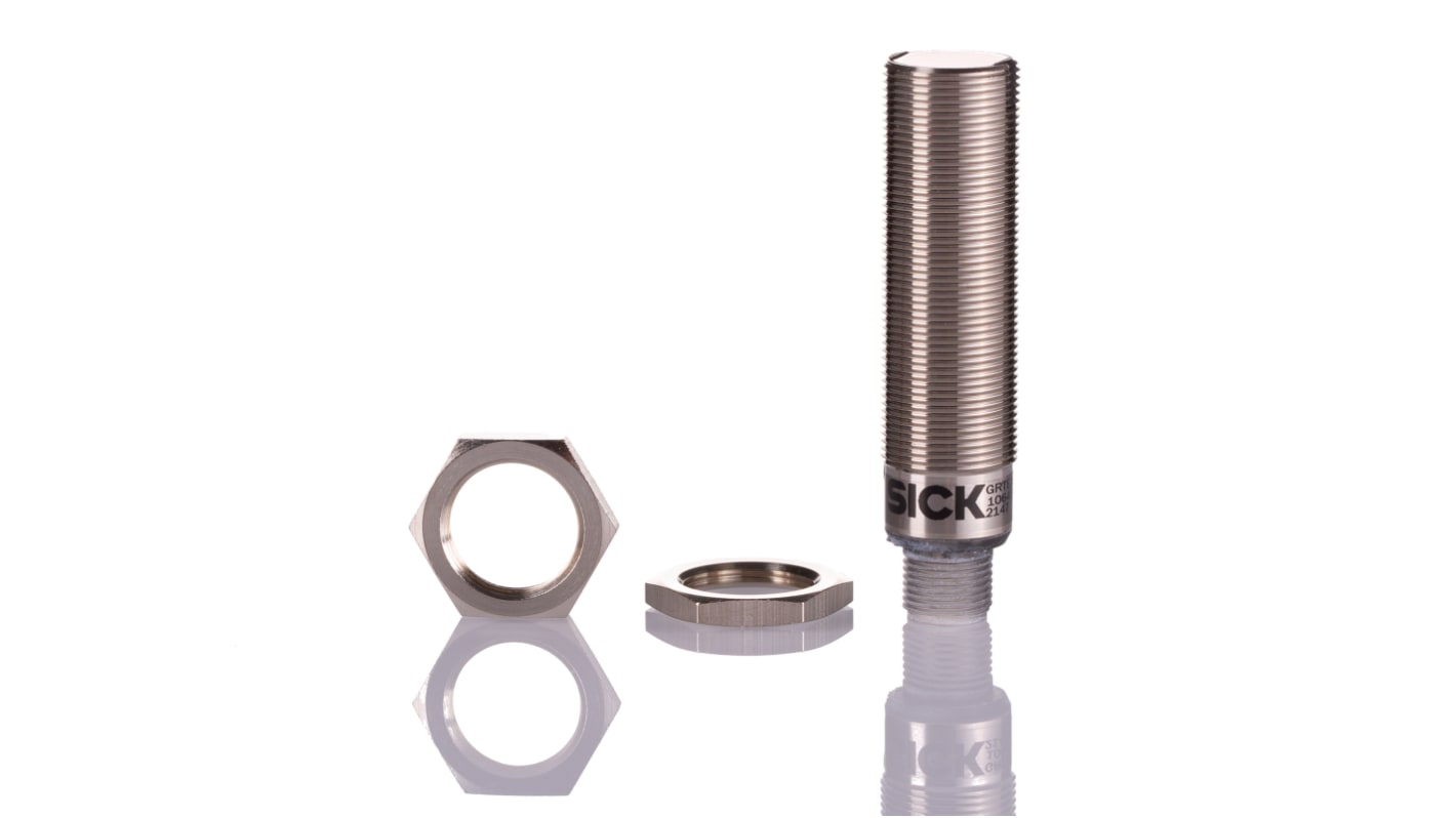 Sensore fotoelettrico cilindrico Sick GRTE18-N2442, rilevamento 5-550 mm, uscita NPN, IP67, connettore M12.