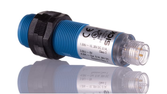 Sensore fotoelettrico cilindrico Sick VTE180-2F32487, PNP, rilevamento 1 mm a 1,1 m, connettore M12, IP67.