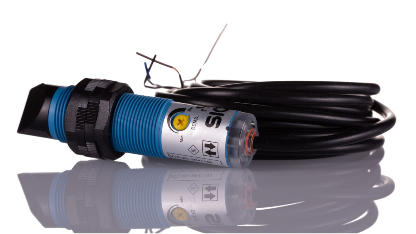 Sensore fotoelettrico cilindrico Sick VTE180-2P41149, PNP, rilevamento 1-450 mm, IP67, 30V, 100 mA, risposta 0,0005 s.